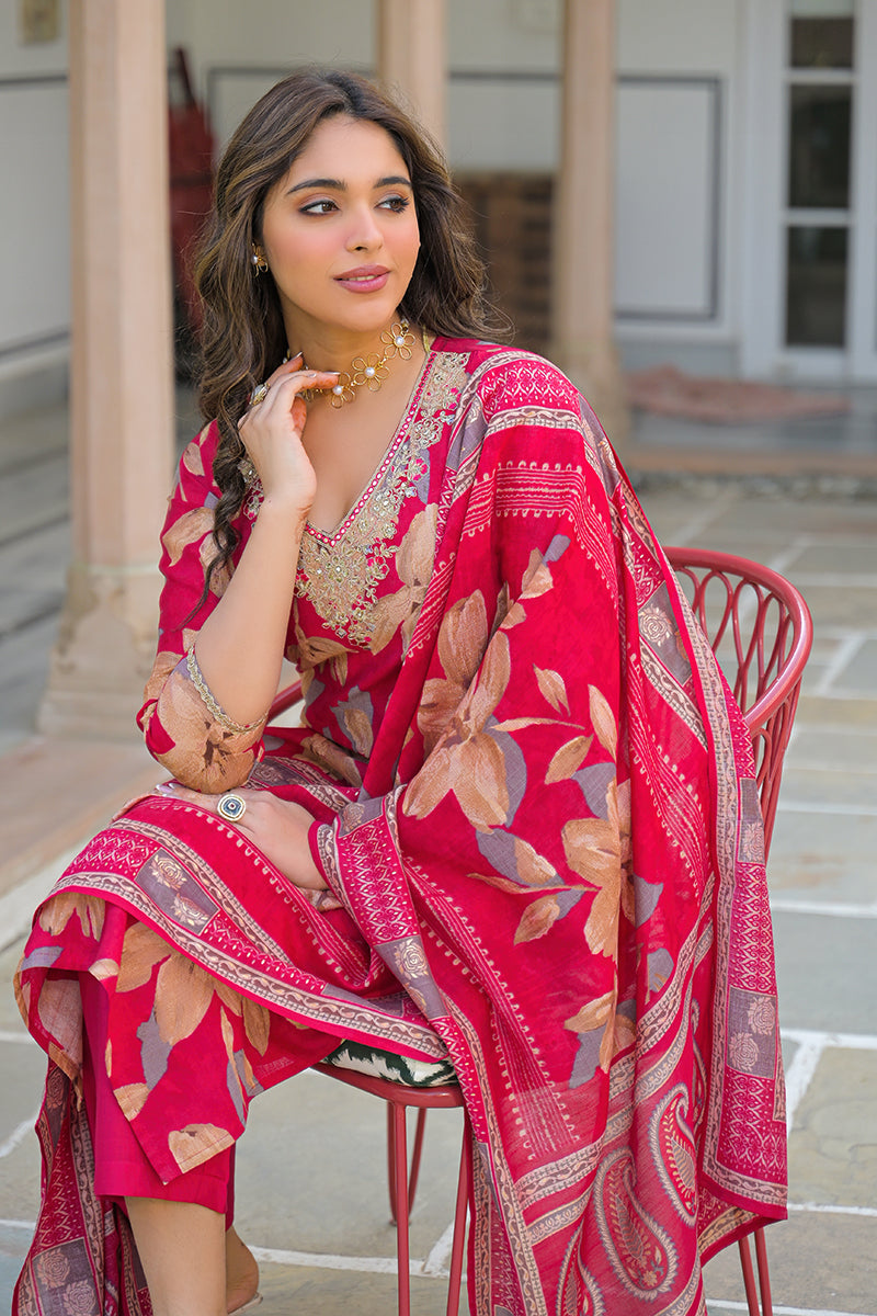 Pink Viscose Floral Embroidered Straight Kurta Trousers With Dupatta PKSKD3141