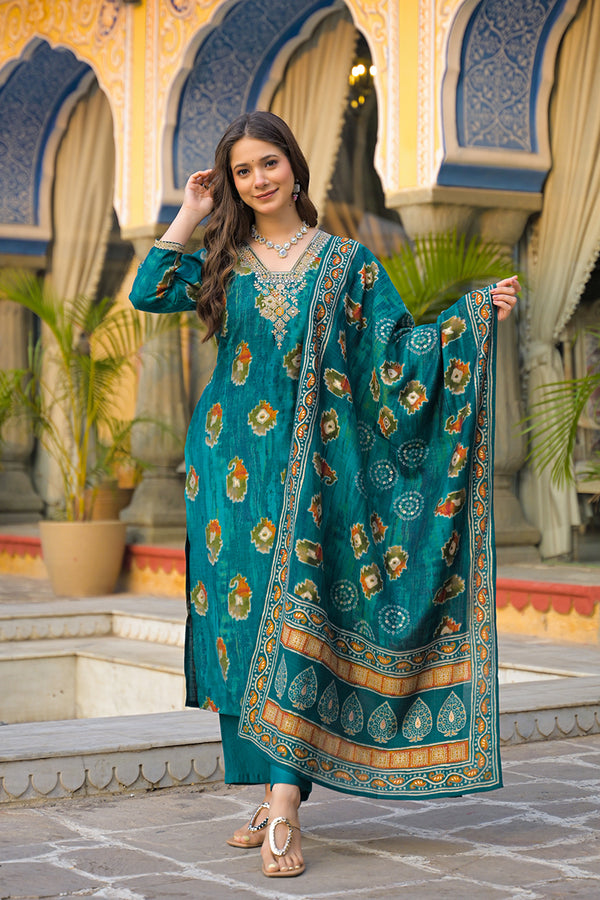 Teal Viscose Embroidered Straight Kurta Trousers With Dupatta PKSKD3144