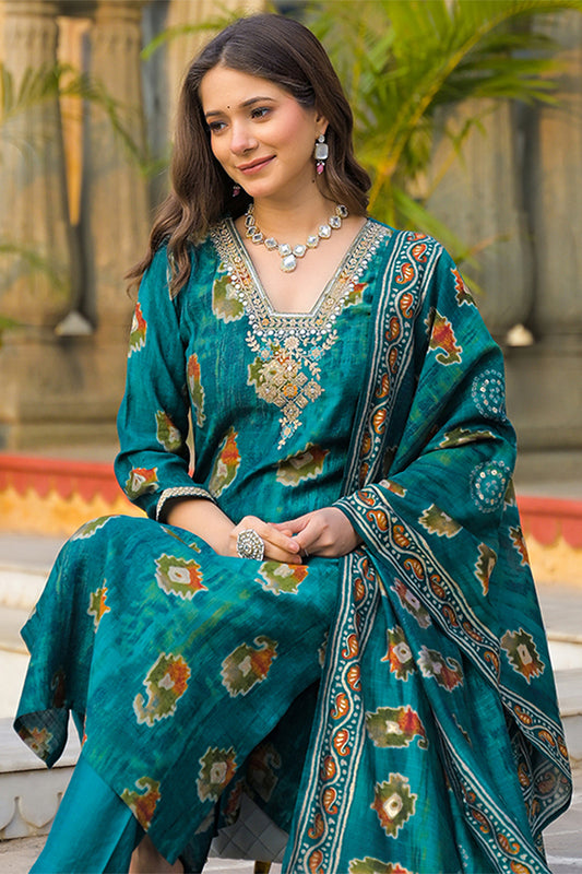 Teal Viscose Embroidered Straight Kurta Trousers With Dupatta PKSKD3144