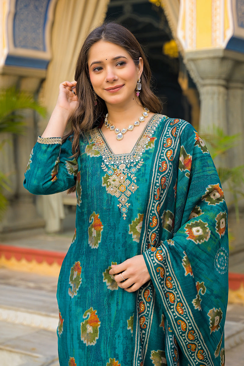 Teal Viscose Embroidered Straight Kurta Trousers With Dupatta PKSKD3144