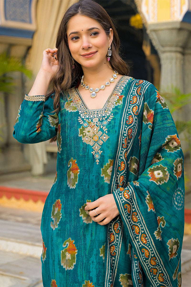 Teal Viscose Embroidered Straight Kurta Trousers With Dupatta PKSKD3144
