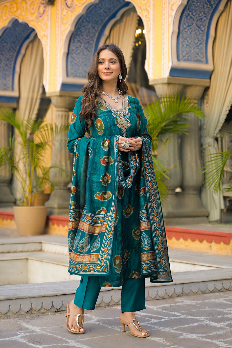 Teal Viscose Embroidered Straight Kurta Trousers With Dupatta PKSKD3144