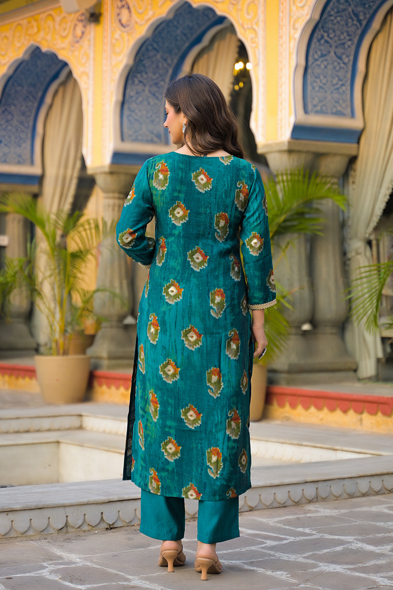 Teal Viscose Embroidered Straight Kurta Trousers With Dupatta PKSKD3144