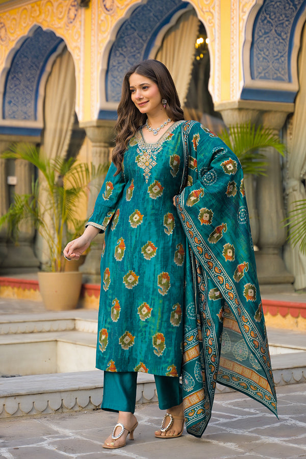 Teal Viscose Embroidered Straight Kurta Trousers With Dupatta PKSKD3144