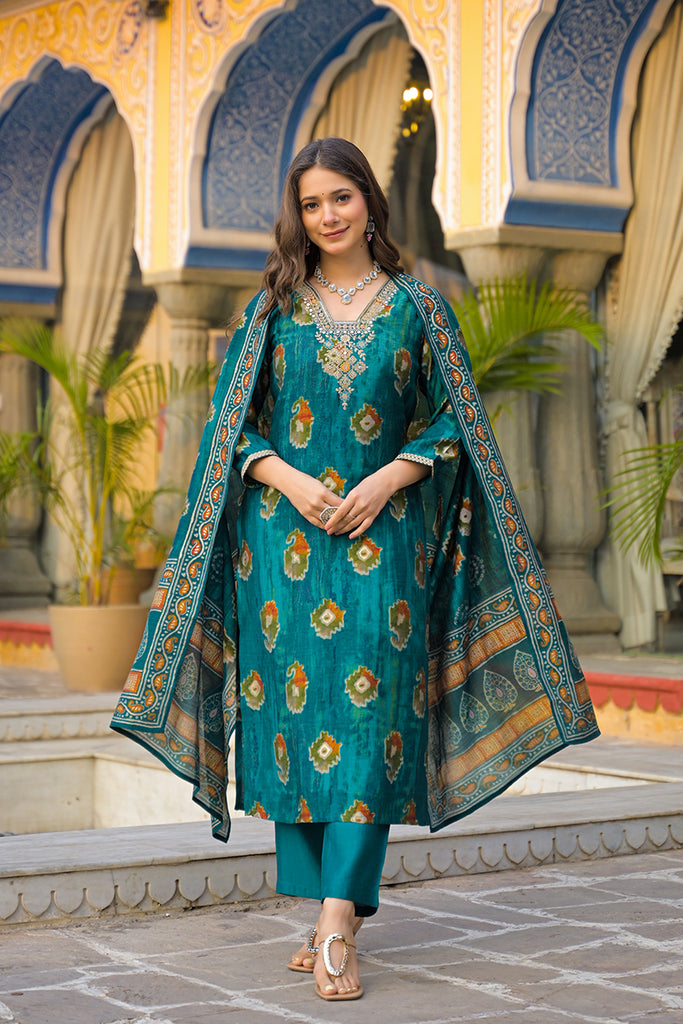 Teal Viscose Embroidered Straight Kurta Trousers With Dupatta PKSKD3144