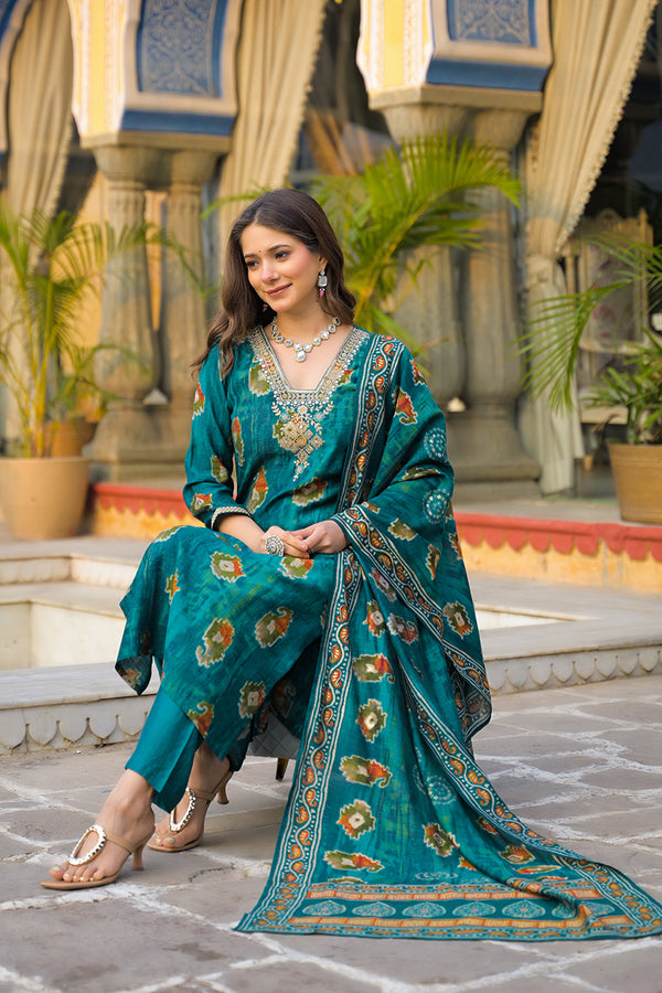 Teal Viscose Embroidered Straight Kurta Trousers With Dupatta PKSKD3144