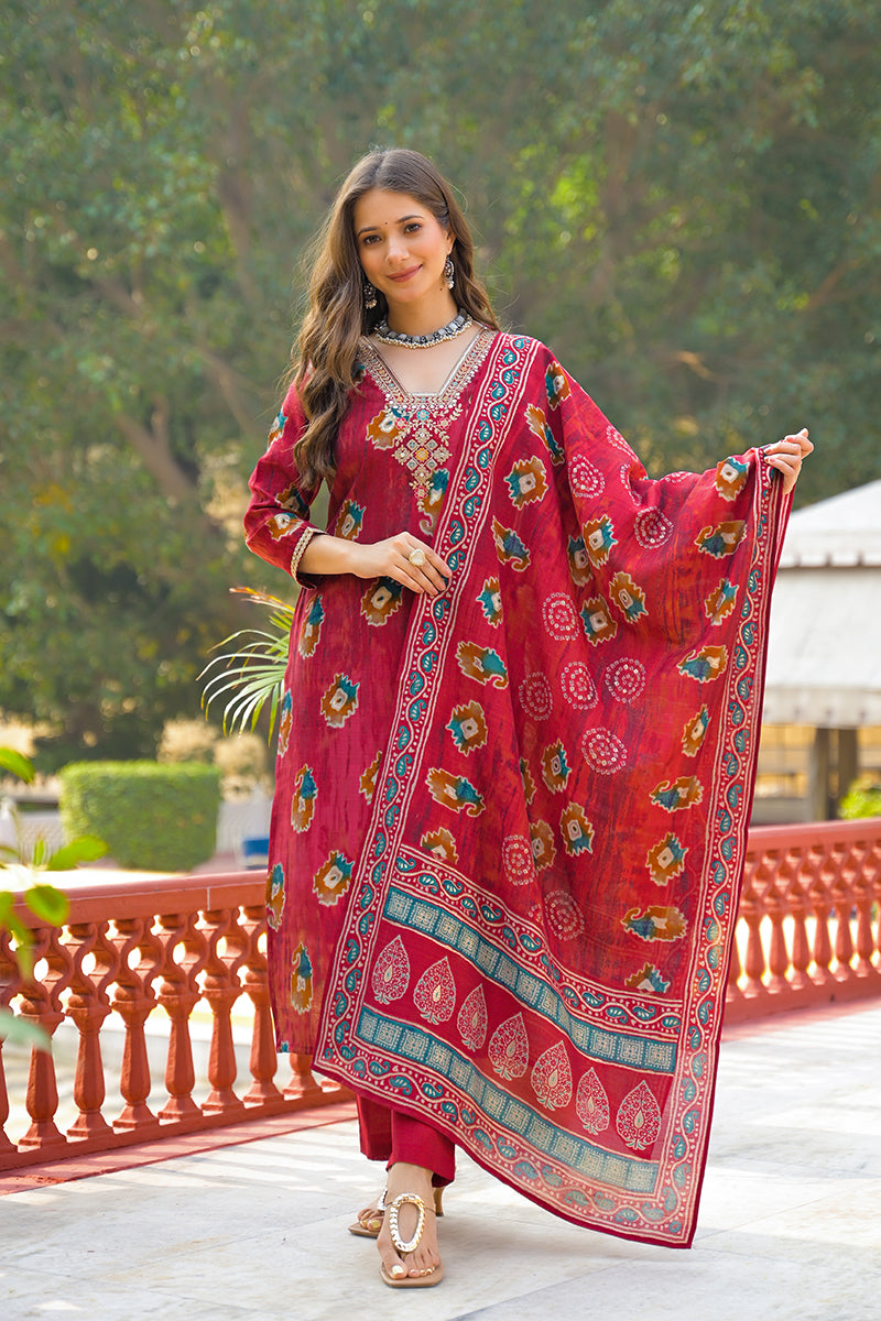 Maroon Viscose Embroidered Straight Kurta Trousers With Dupatta PKSKD3145