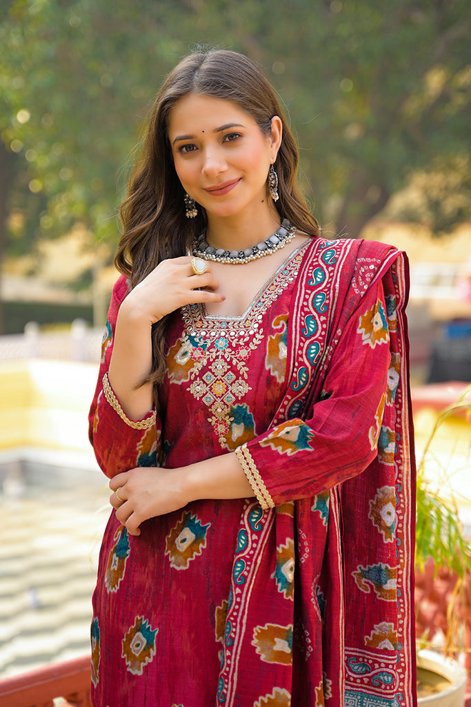 Maroon Viscose Embroidered Straight Kurta Trousers With Dupatta PKSKD3145