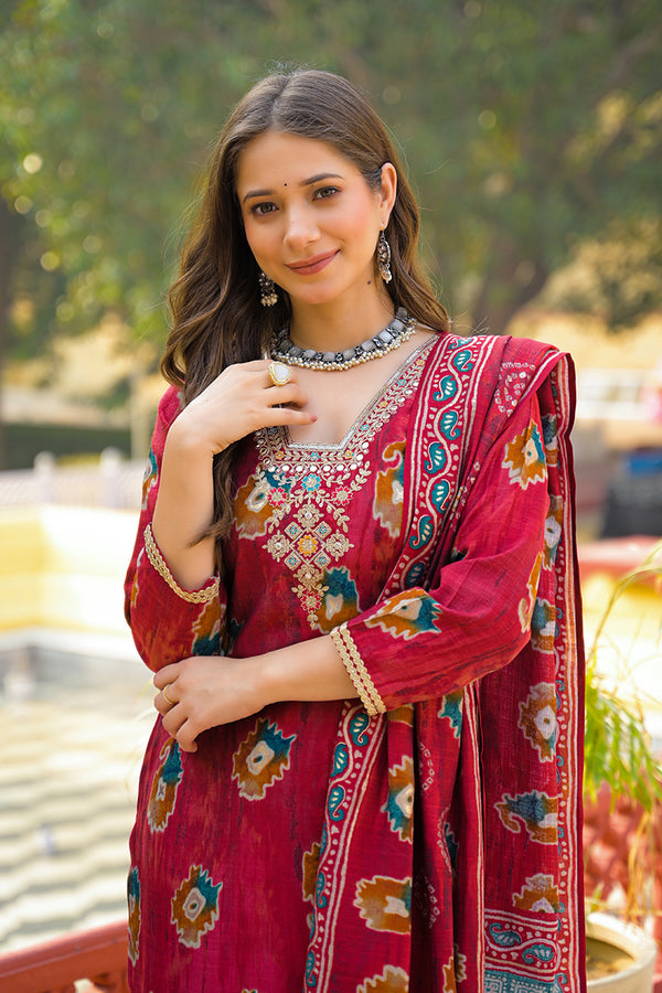 Maroon Viscose Embroidered Straight Kurta Trousers With Dupatta PKSKD3145