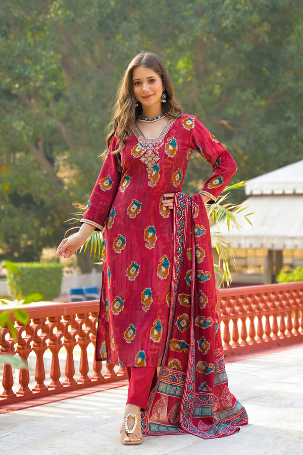 Maroon Viscose Embroidered Straight Kurta Trousers With Dupatta PKSKD3145
