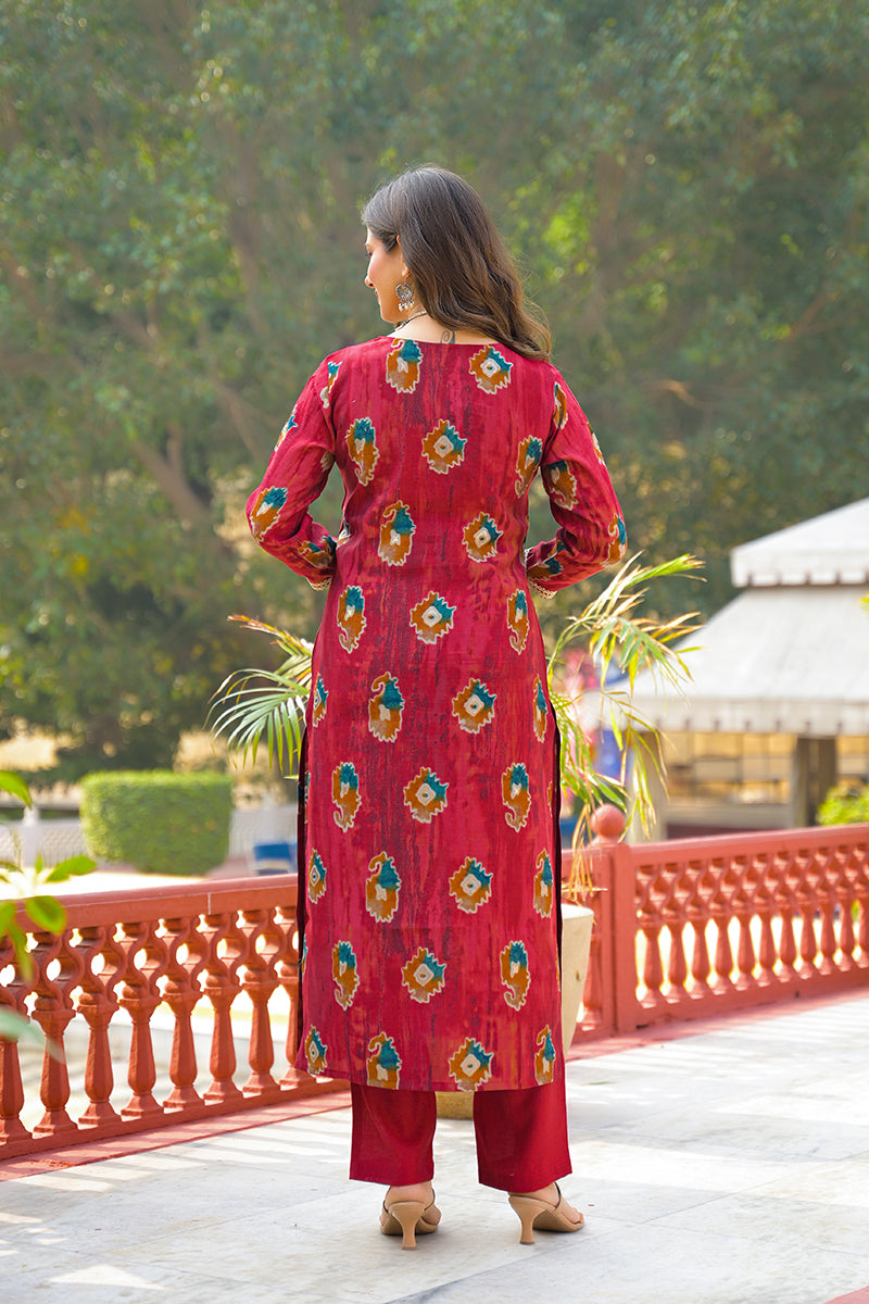 Maroon Viscose Embroidered Straight Kurta Trousers With Dupatta PKSKD3145