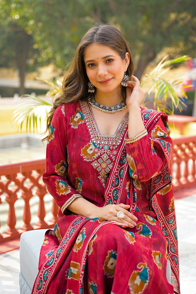 Maroon Viscose Embroidered Straight Kurta Trousers With Dupatta PKSKD3145