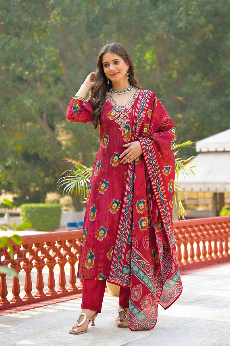 Maroon Viscose Embroidered Straight Kurta Trousers With Dupatta PKSKD3145