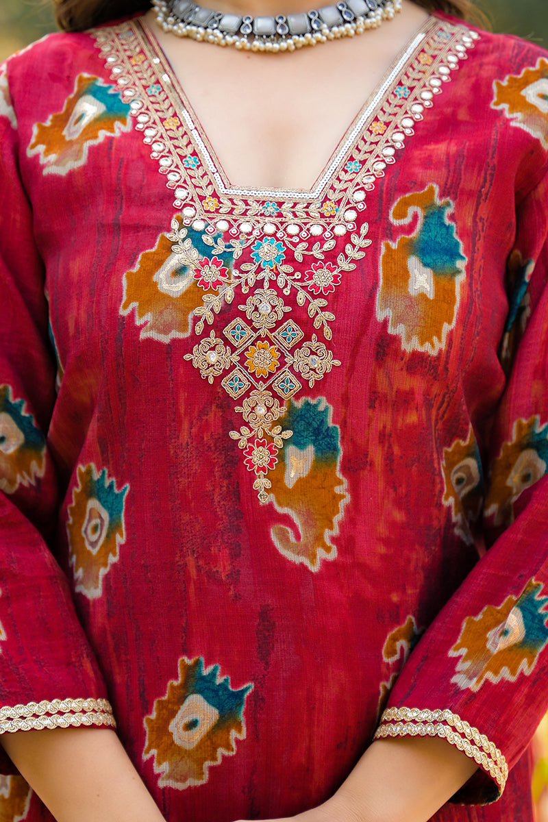 Maroon Viscose Embroidered Straight Kurta Trousers With Dupatta PKSKD3145