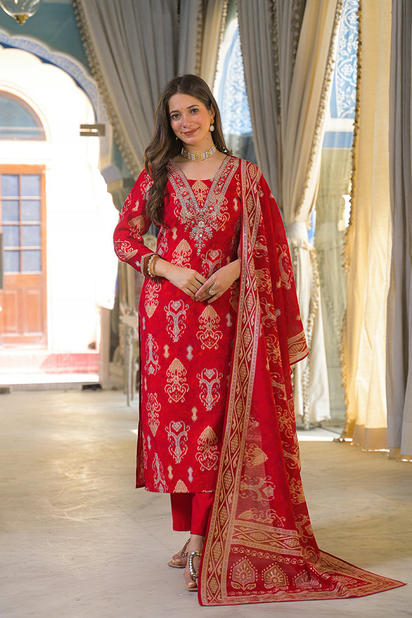 Red Viscose Ikat Printed Straight Kurta Trousers With Dupatta PKSKD3147