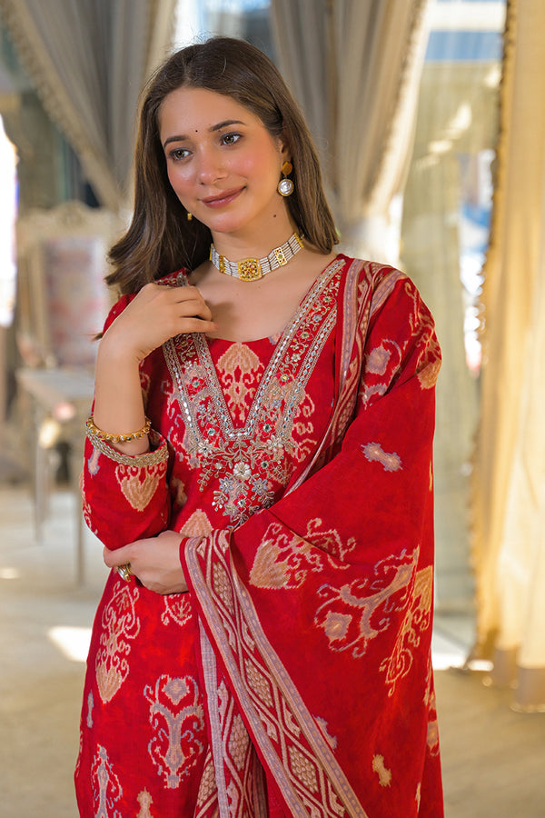 Red Viscose Ikat Printed Straight Kurta Trousers With Dupatta PKSKD3147
