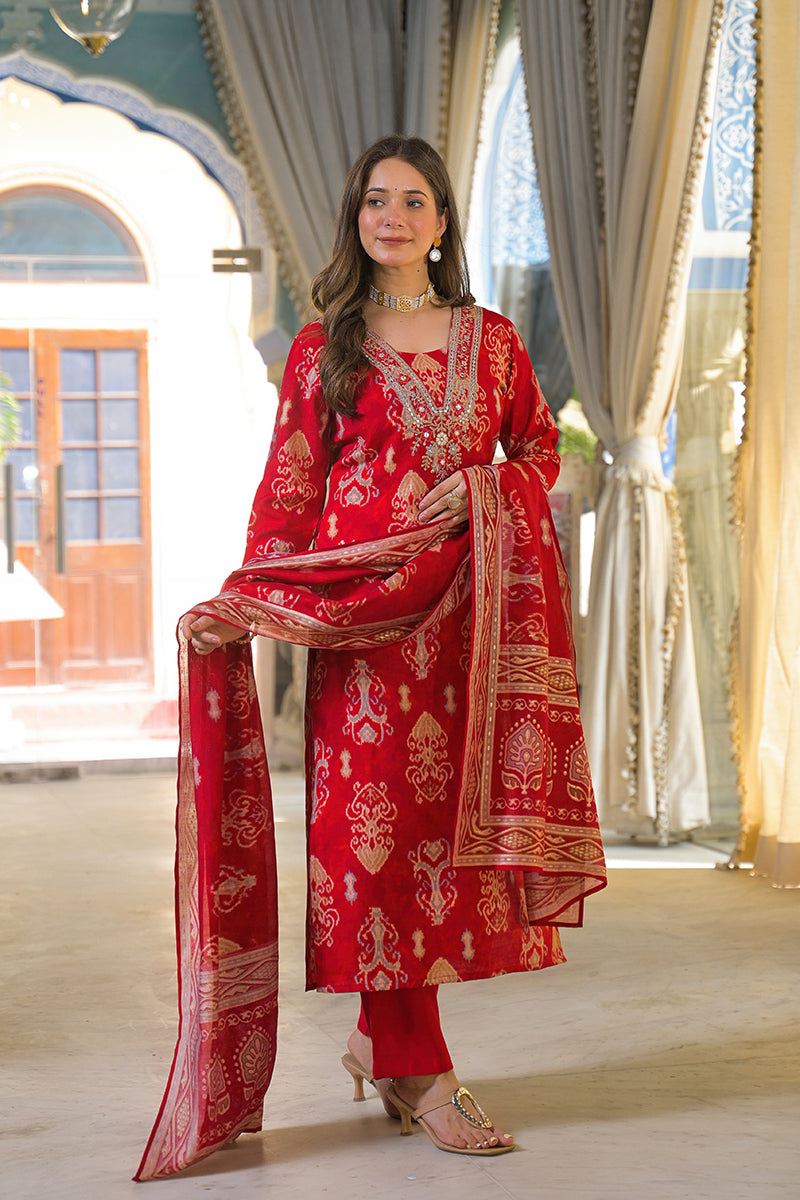 Red Viscose Ikat Printed Straight Kurta Trousers With Dupatta PKSKD3147