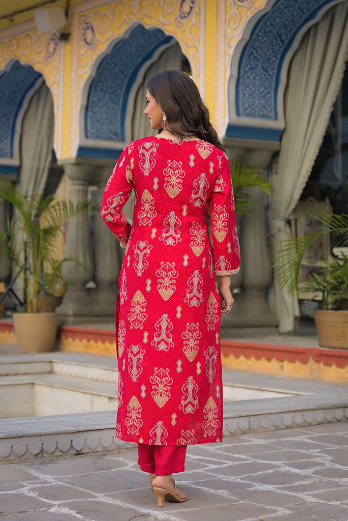 Red Viscose Ikat Printed Straight Kurta Trousers With Dupatta PKSKD3147