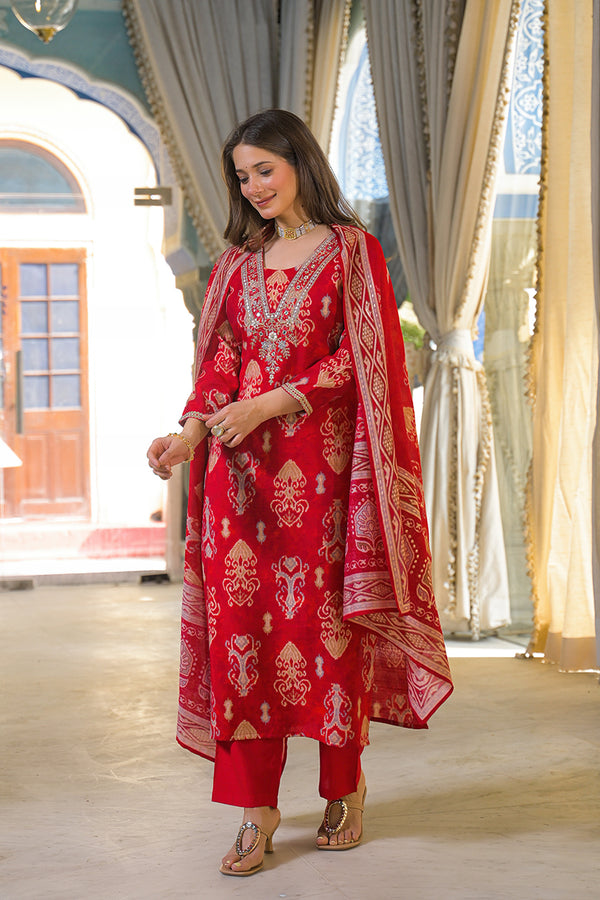 Red Viscose Ikat Printed Straight Kurta Trousers With Dupatta PKSKD3147