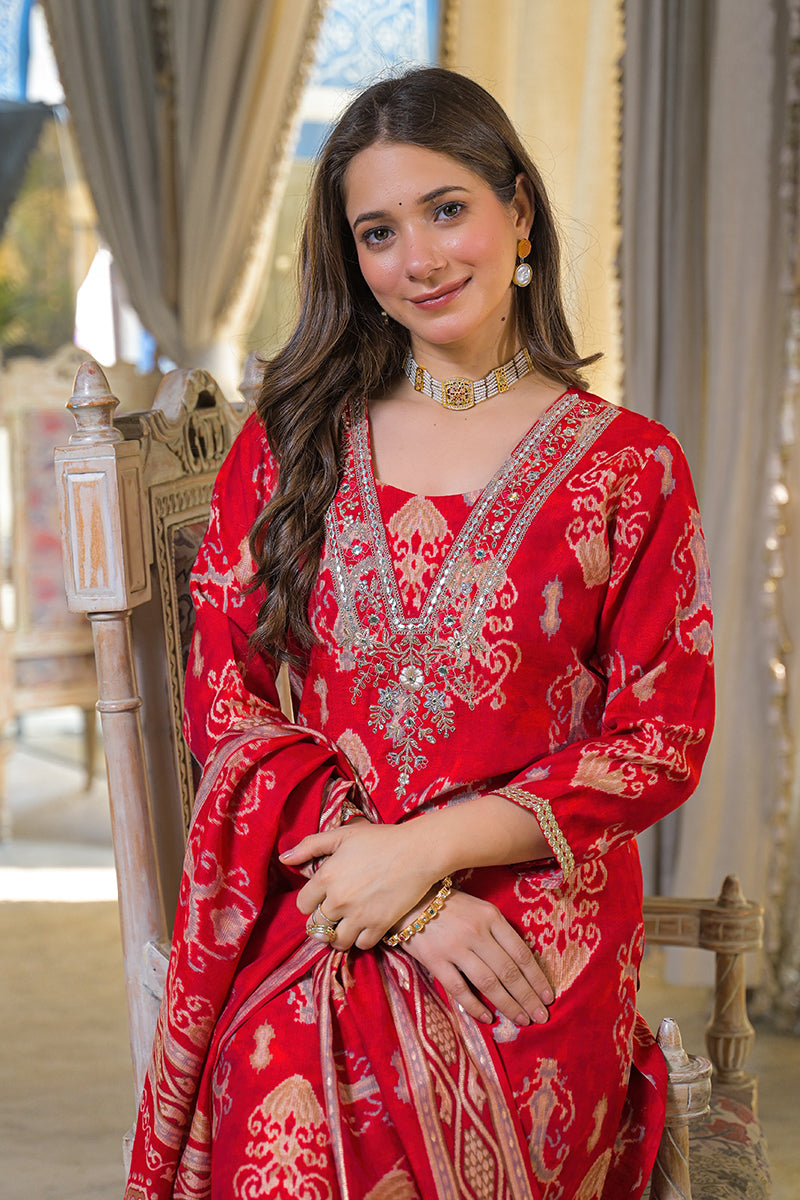 Red Viscose Ikat Printed Straight Kurta Trousers With Dupatta PKSKD3147