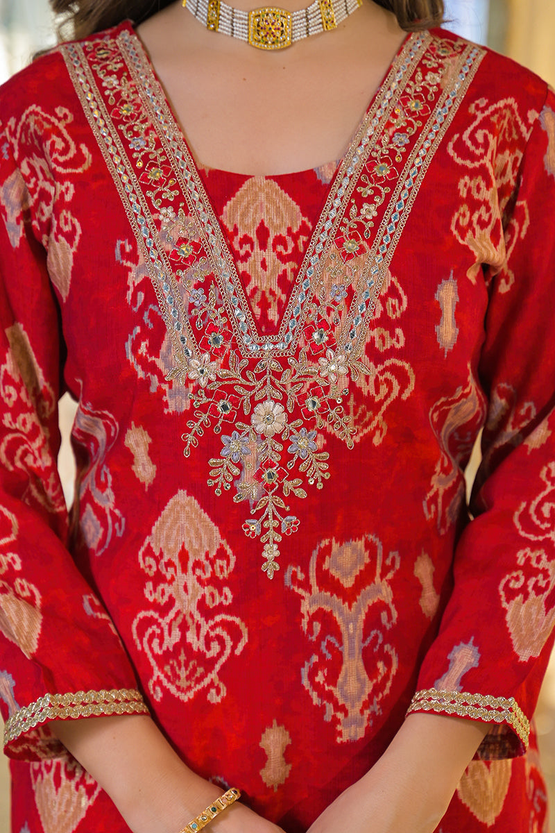 Red Viscose Ikat Printed Straight Kurta Trousers With Dupatta PKSKD3147