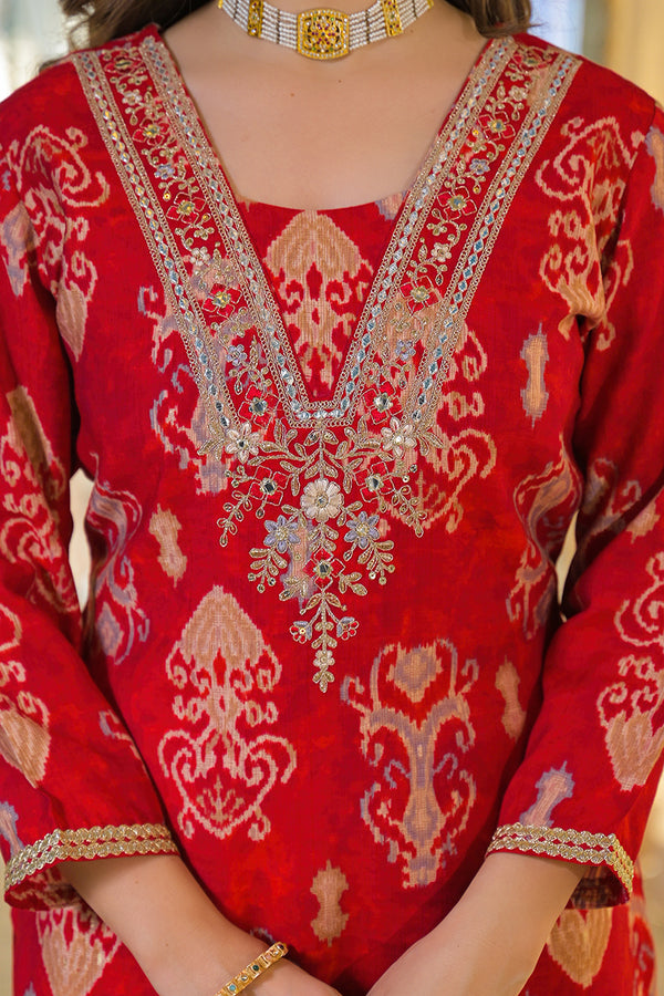 Red Viscose Ikat Printed Straight Kurta Trousers With Dupatta PKSKD3147