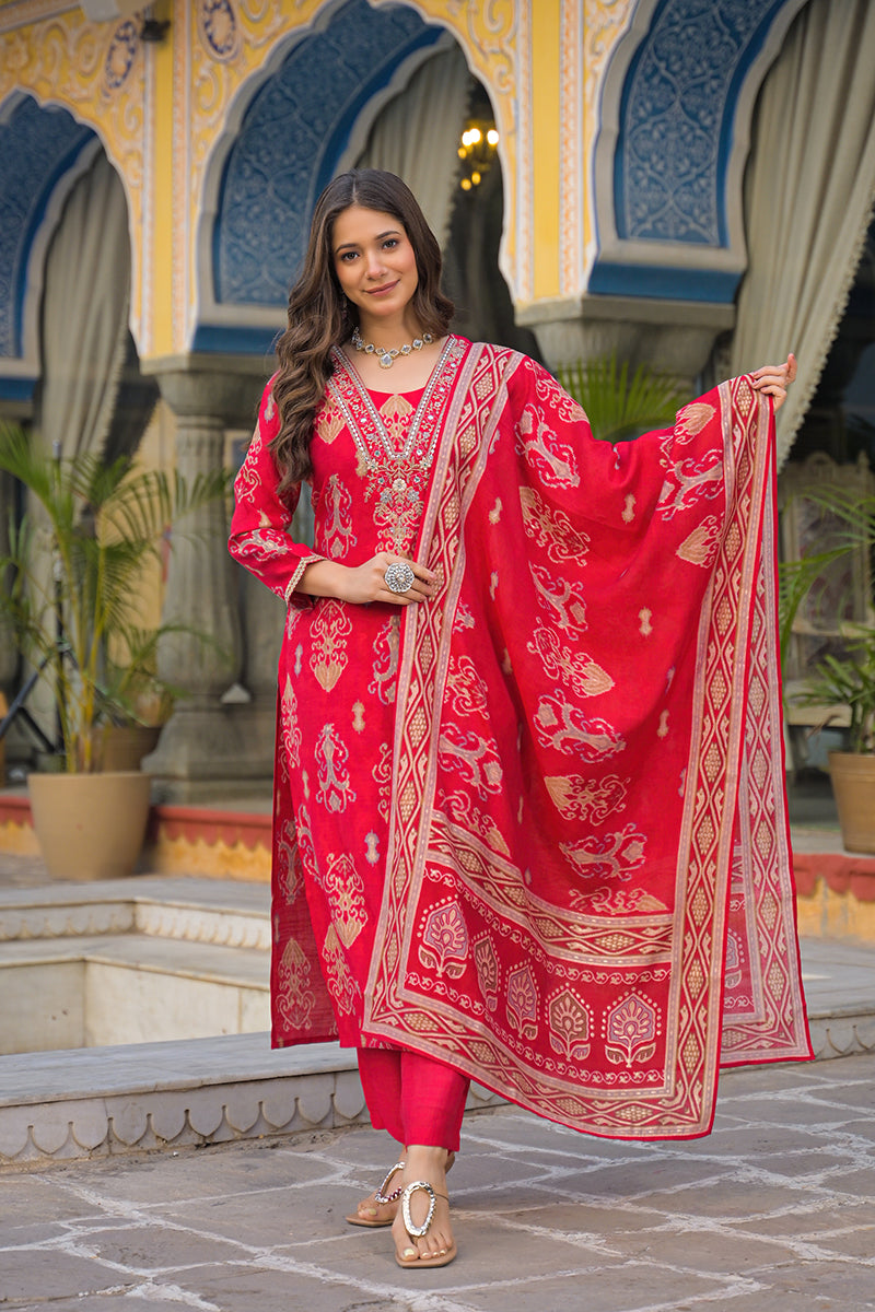 Pink Viscose Ikat Printed Straight Kurta Trousers With Dupatta PKSKD3148