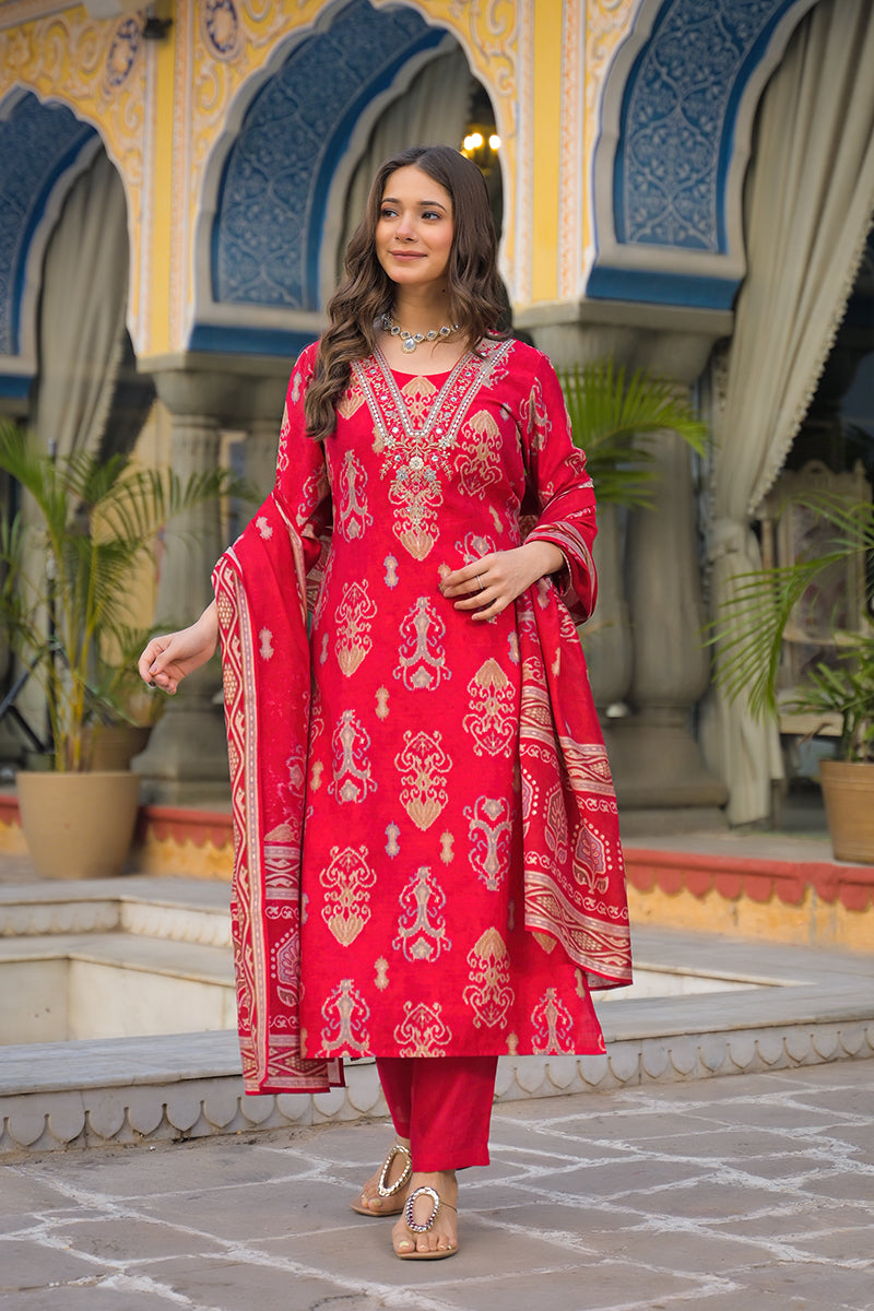 Pink Viscose Ikat Printed Straight Kurta Trousers With Dupatta PKSKD3148