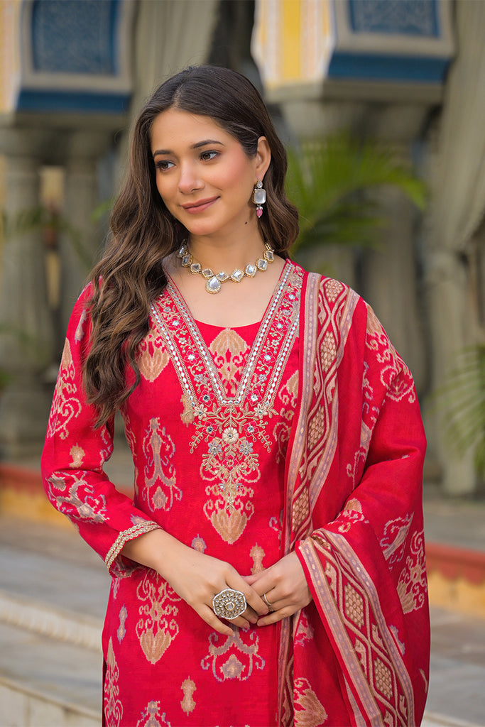 Pink Viscose Ikat Printed Straight Kurta Trousers With Dupatta PKSKD3148