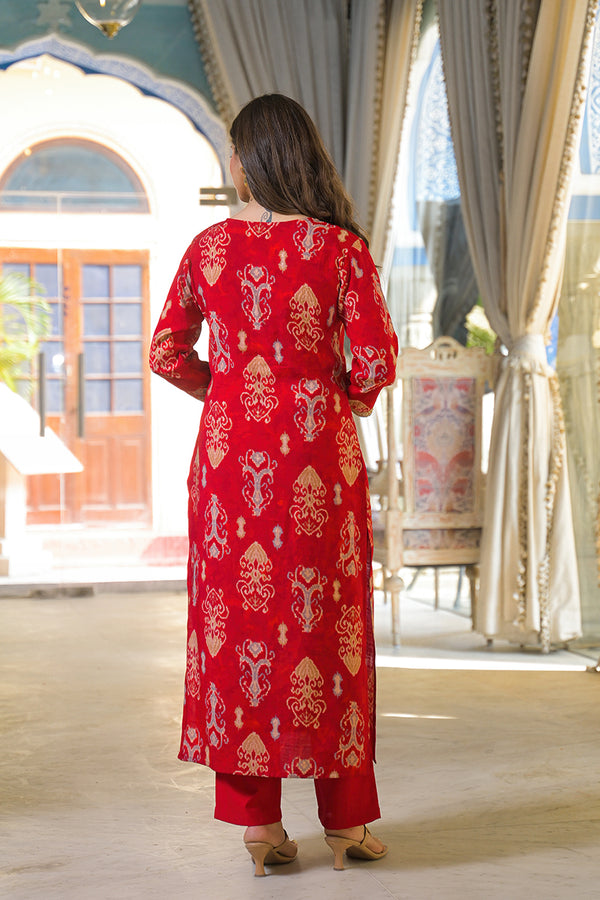 Pink Viscose Ikat Printed Straight Kurta Trousers With Dupatta PKSKD3148