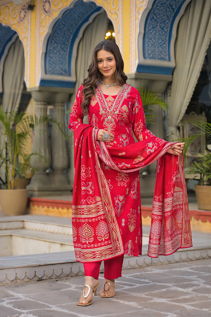 Pink Viscose Ikat Printed Straight Kurta Trousers With Dupatta PKSKD3148