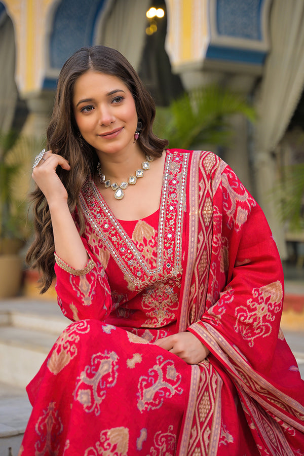 Pink Viscose Ikat Printed Straight Kurta Trousers With Dupatta PKSKD3148