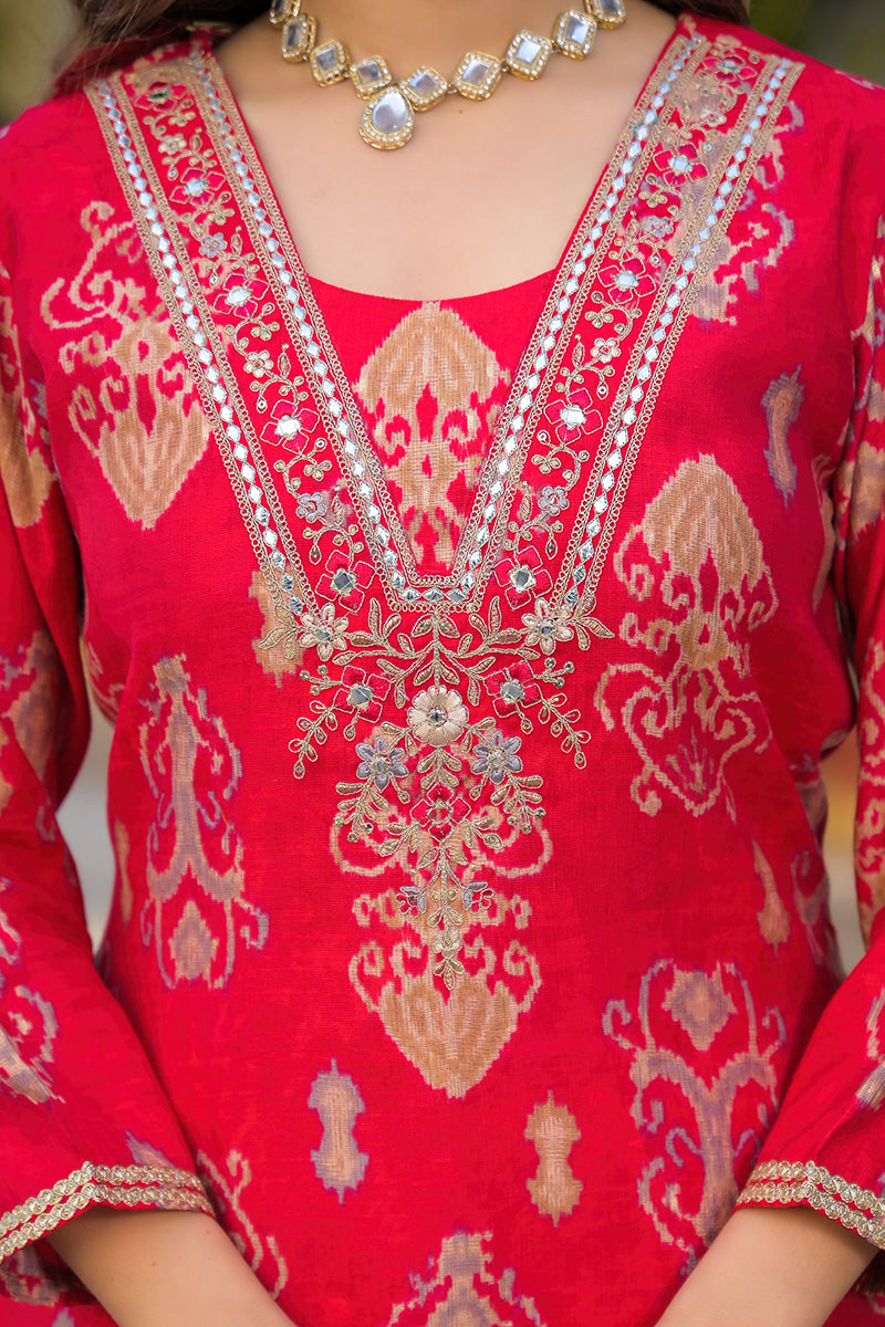 Pink Viscose Ikat Printed Straight Kurta Trousers With Dupatta PKSKD3148