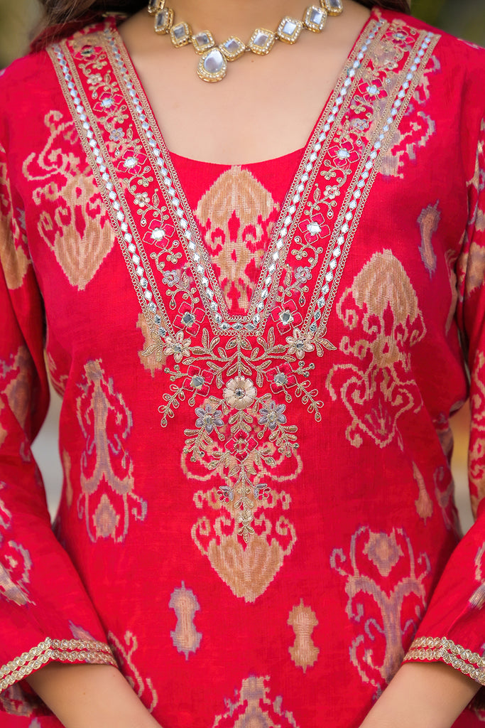 Pink Viscose Ikat Printed Straight Kurta Trousers With Dupatta PKSKD3148