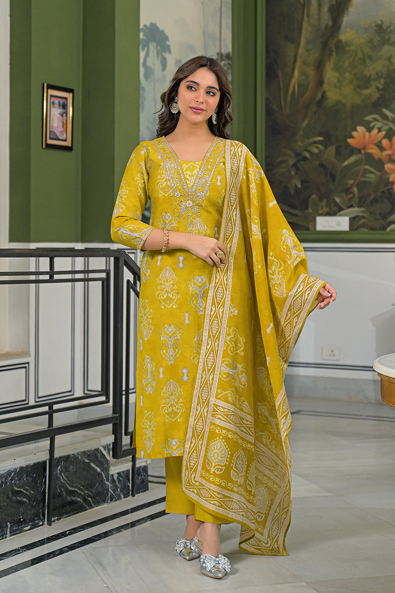 Yellow Viscose Ikat Printed Straight Kurta Trousers With Dupatta PKSKD3149
