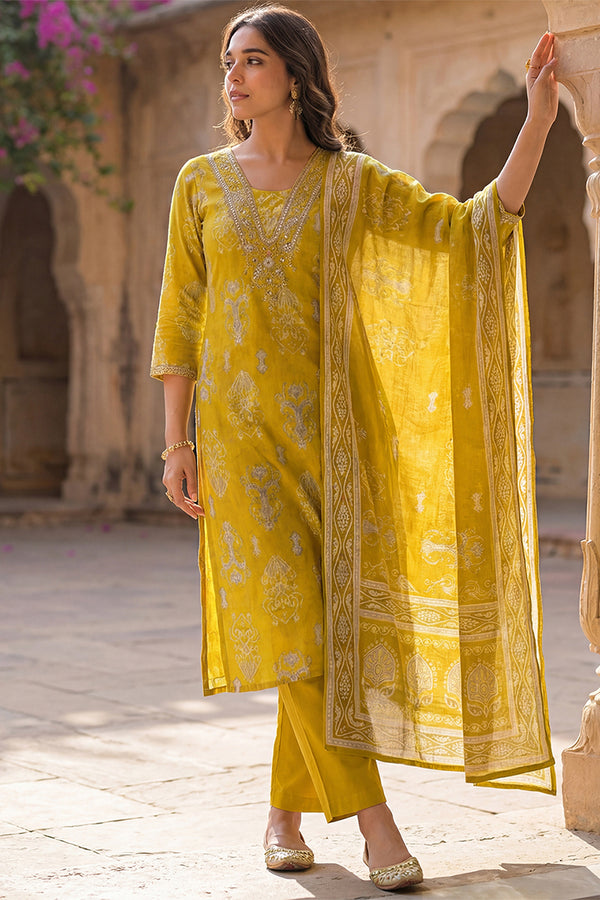 Yellow Viscose Ikat Printed Straight Kurta Trousers With Dupatta PKSKD3149