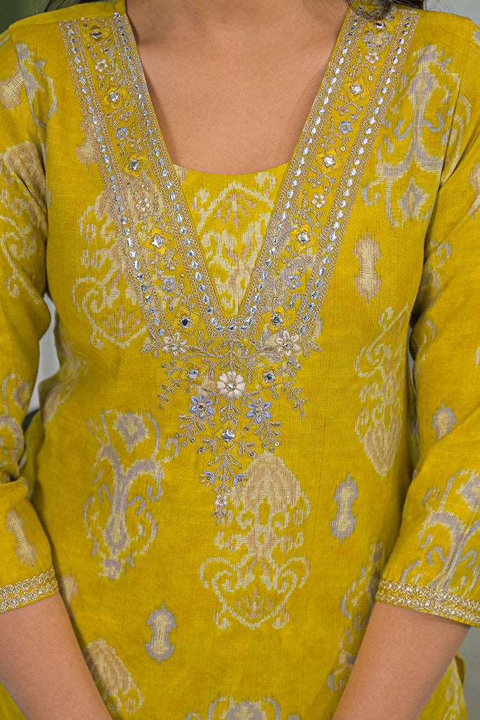 Yellow Viscose Ikat Printed Straight Kurta Trousers With Dupatta PKSKD3149