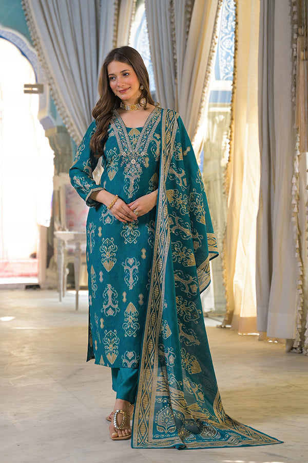 Blue Viscose Rayon Ikat Printed Straight Kurta Trousers With Dupatta PKSKD3150