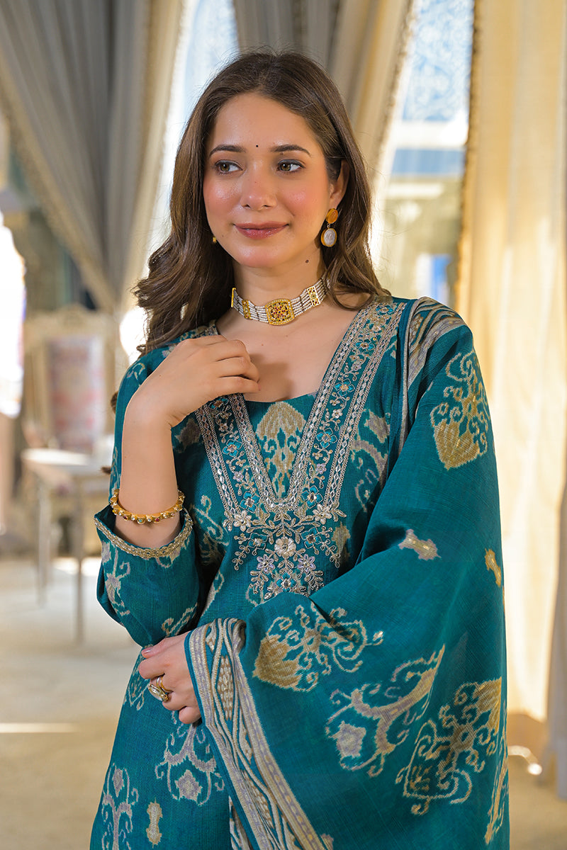 Blue Viscose Rayon Ikat Printed Straight Kurta Trousers With Dupatta PKSKD3150