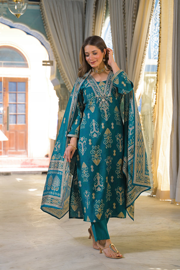 Blue Viscose Rayon Ikat Printed Straight Kurta Trousers With Dupatta PKSKD3150