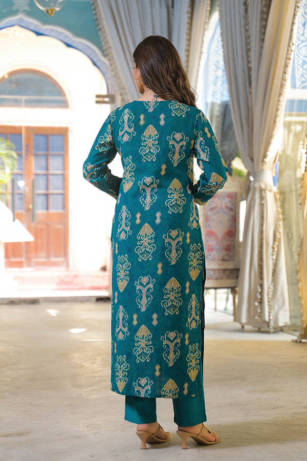 Blue Viscose Rayon Ikat Printed Straight Kurta Trousers With Dupatta PKSKD3150