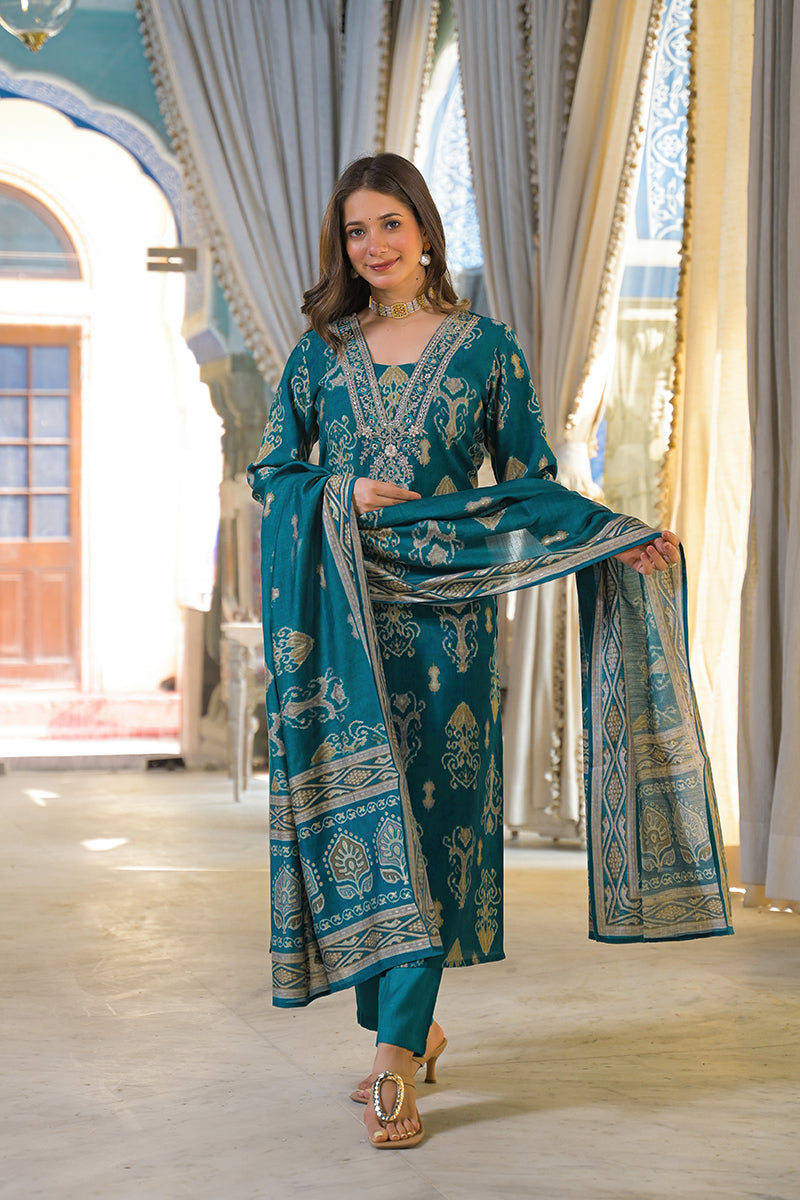 Blue Viscose Rayon Ikat Printed Straight Kurta Trousers With Dupatta PKSKD3150