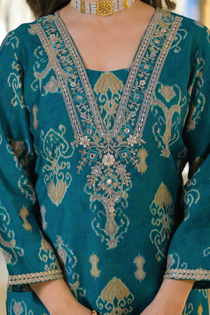 Blue Viscose Rayon Ikat Printed Straight Kurta Trousers With Dupatta PKSKD3150