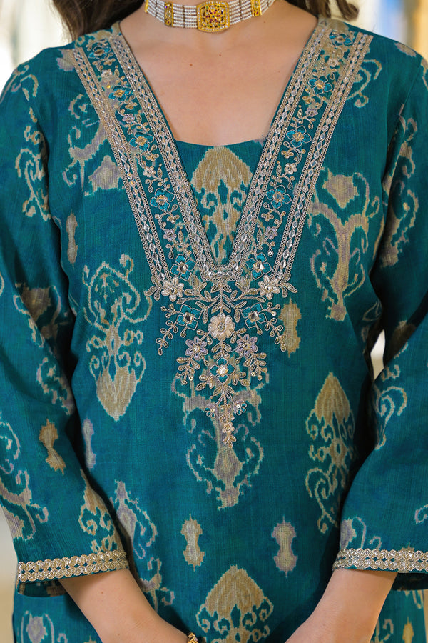 Blue Viscose Rayon Ikat Printed Straight Kurta Trousers With Dupatta PKSKD3150