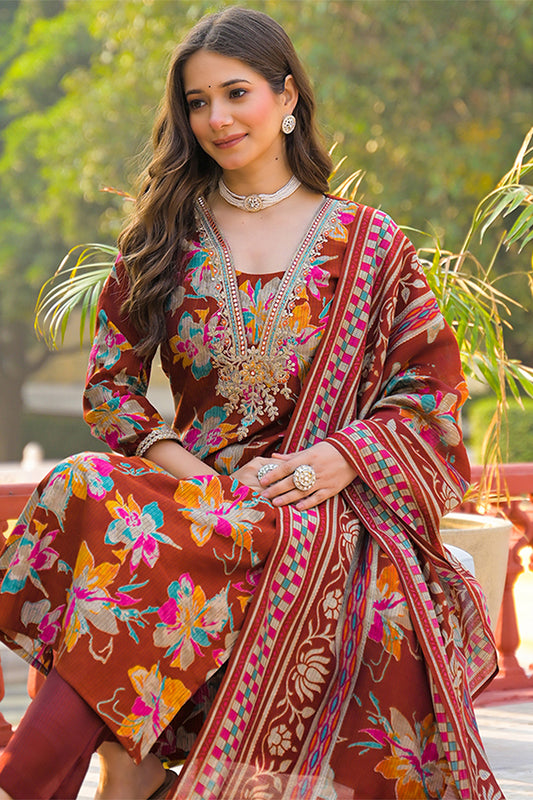 Brown Viscose Floral Printed Straight Kurta Trousers With Dupatta PKSKD3152