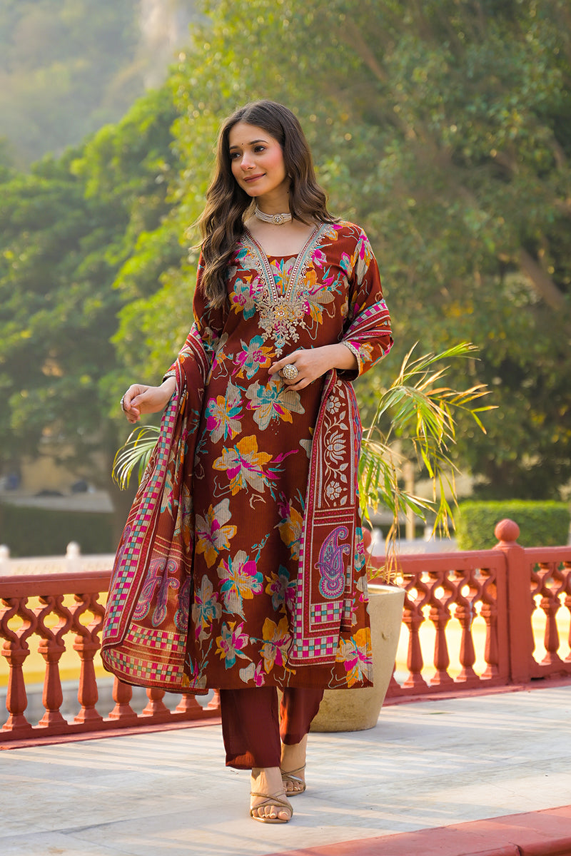 Brown Viscose Floral Printed Straight Kurta Trousers With Dupatta PKSKD3152