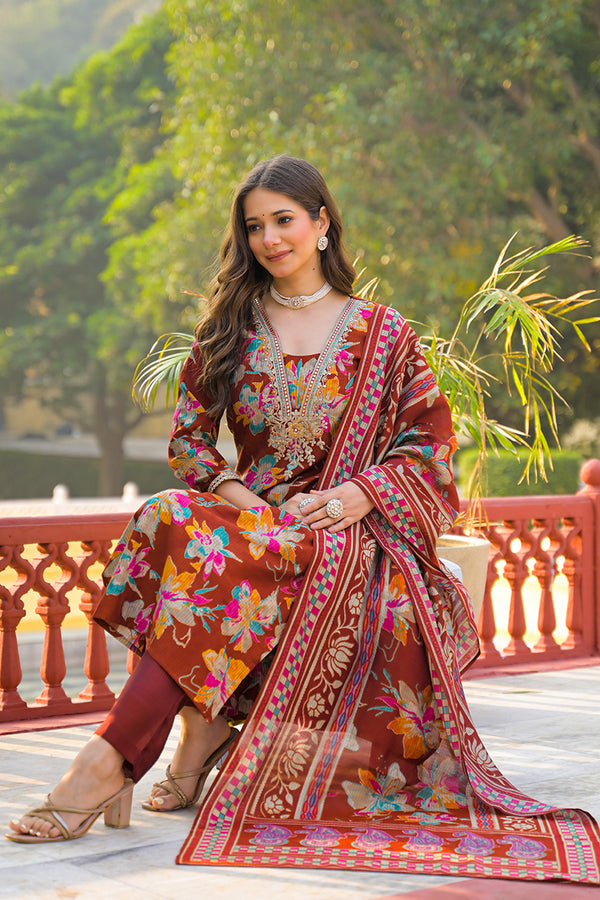 Brown Viscose Floral Printed Straight Kurta Trousers With Dupatta PKSKD3152