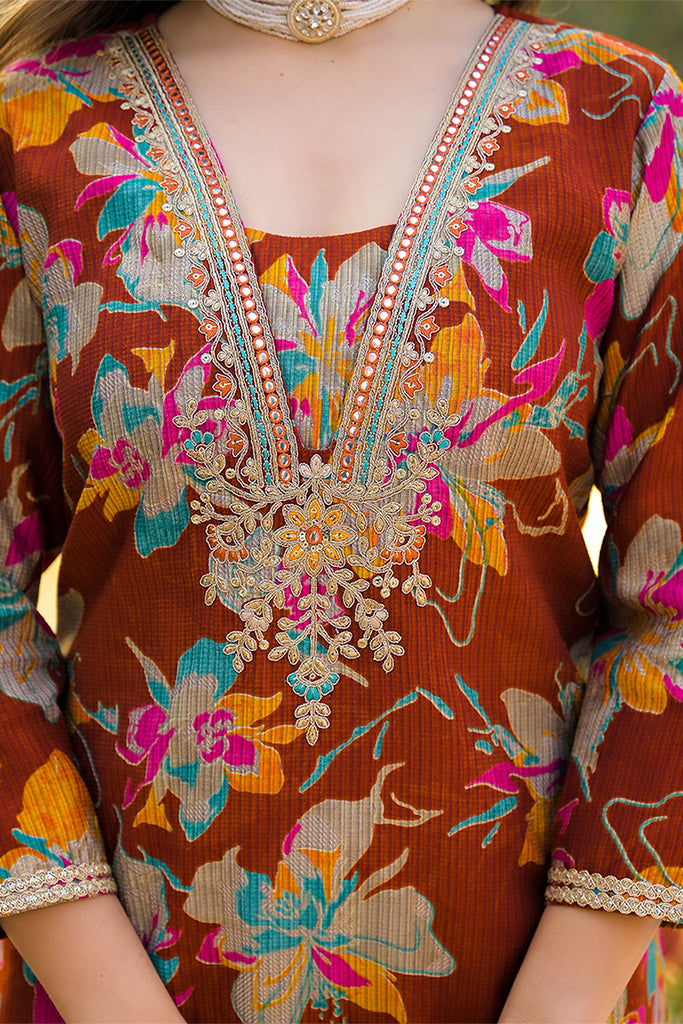 Brown Viscose Floral Printed Straight Kurta Trousers With Dupatta PKSKD3152