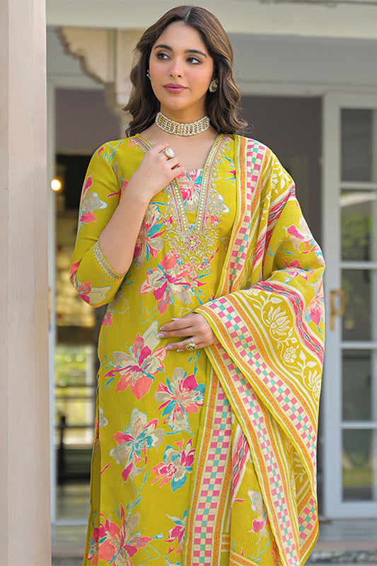 Yellow Viscose Floral Printed Straight Kurta Trousers With Dupatta PKSKD3153