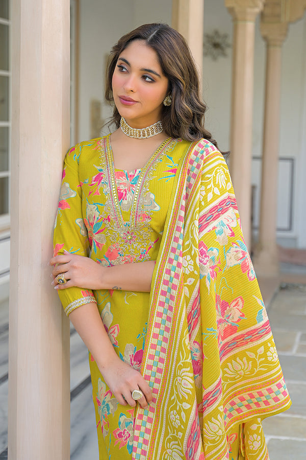 Yellow Viscose Floral Printed Straight Kurta Trousers With Dupatta PKSKD3153